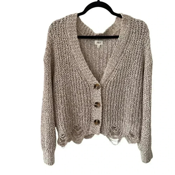 BKE Women’s Cropped Oversized Button Up Knit Cardigan Sweater Destroyed Hem Look - Picture 1 of 7